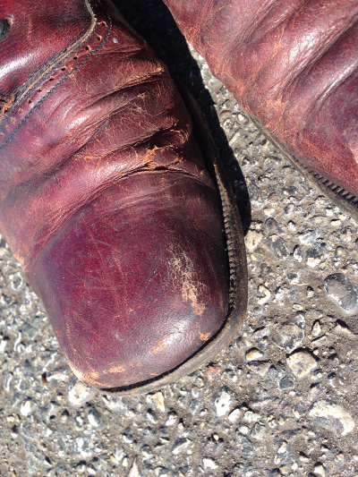 MJ Galbraith's beat-up shoes before repair