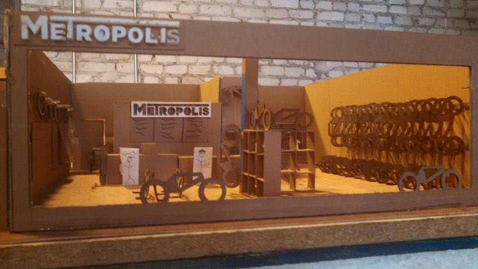 A cardboard model of the Metropolis storefront