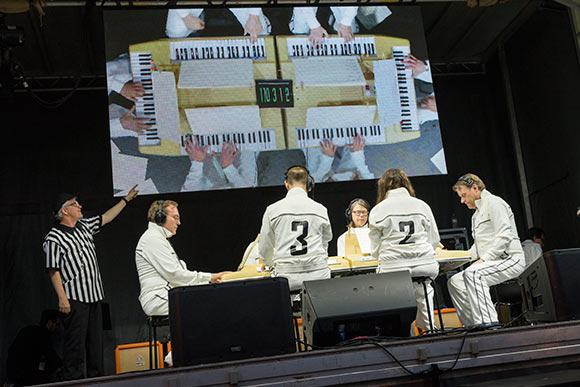 Mark Mothersbaugh, left, and the Music For Six Sided Keyboard concert at MOCCA