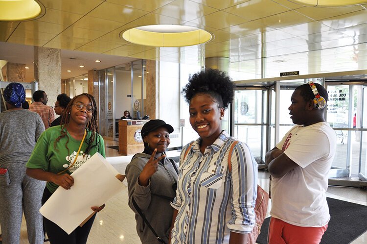 Kiara Dancy, Khadijah Harris, Skylah Pounds, and Rodney Bridges at city hall.