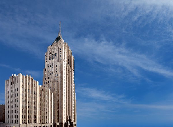 The Fisher Building, built in 1924, has 30 floors and two public restrooms