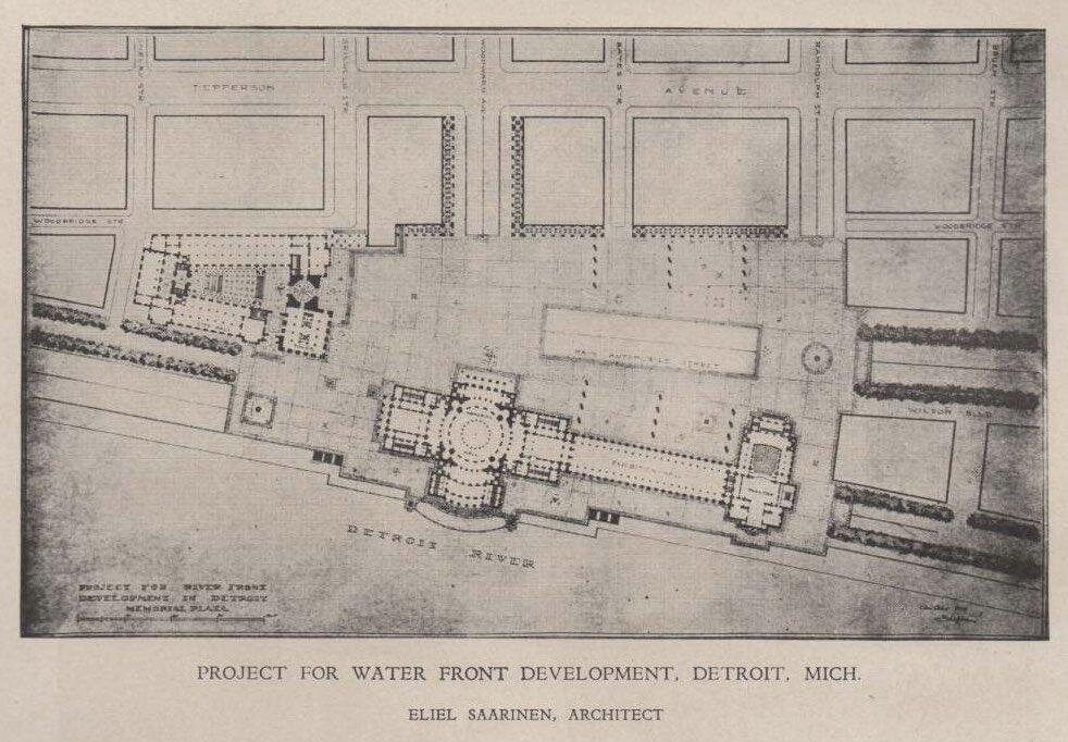 Vintage rendering of Eliel Saarinen’s unbuilt Detroit riverftont