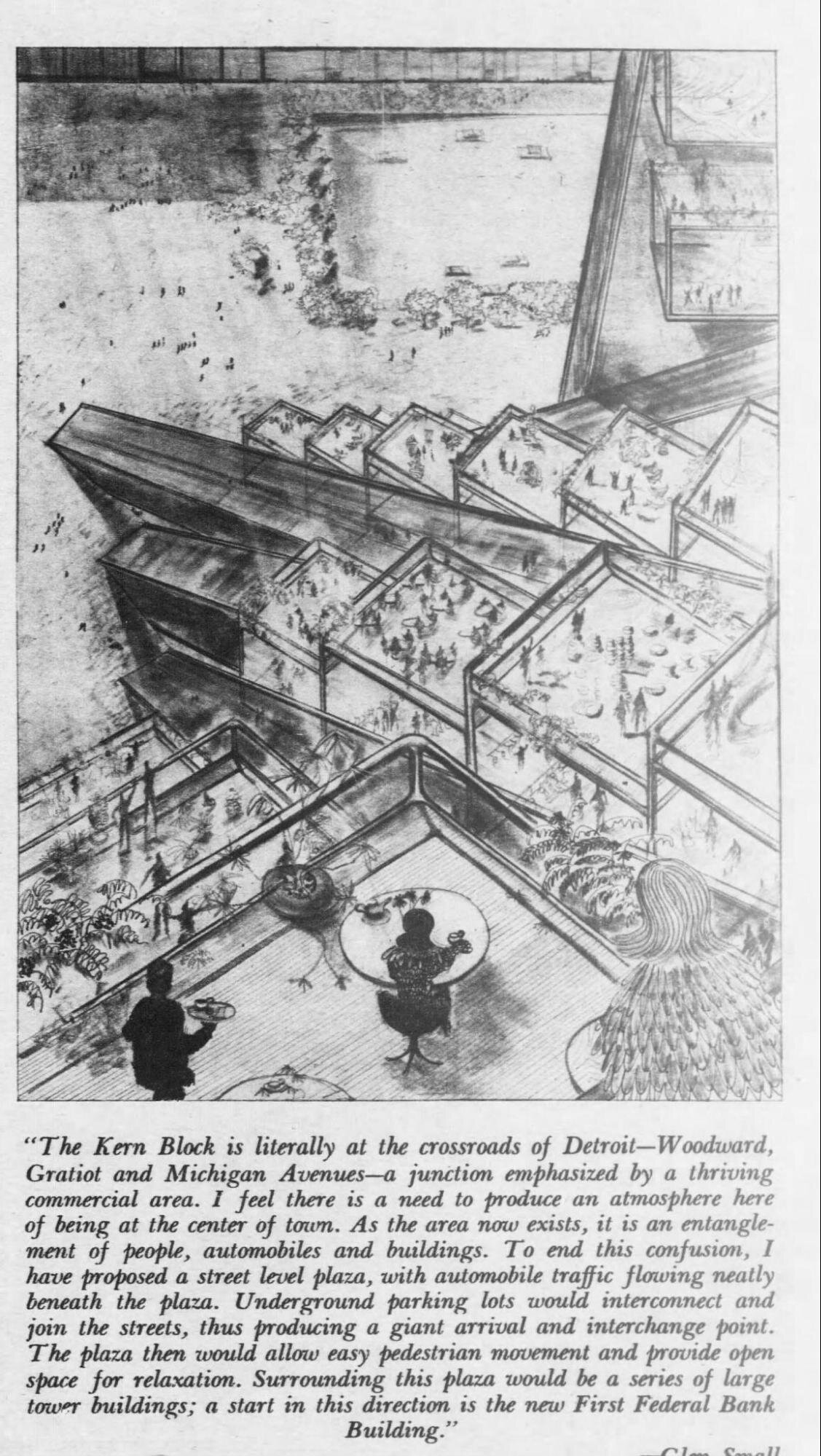 Before the new Hudson's site filled in the old Hudson's store lot, architects were dreaming of filling the former Kern's department store lot with a skyscraper