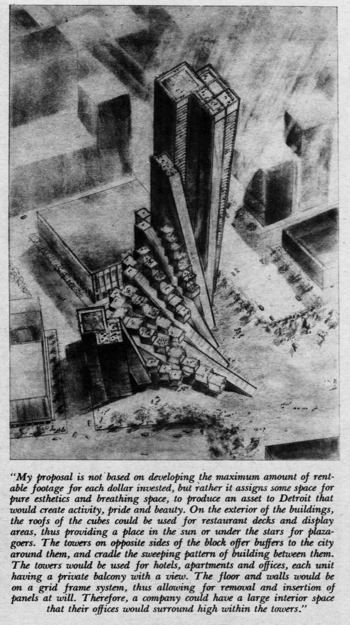 Before the new Hudson's site filled in the old Hudson's store lot, architects were dreaming of filling the former Kern's department store lot with a skyscraper