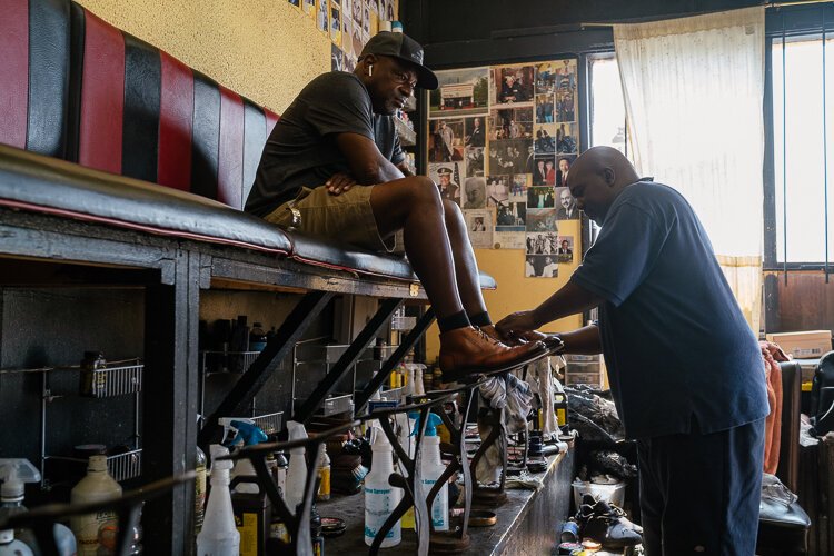 Derrick Adams comes to get his shoes shined around every other month at Reflections, and he has been a customer of Boggon’s for 40 years.