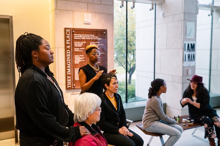 Attendees take part in a healing justice workshop that involved members of Healing by Choice! at the Damon J. Keith Center for Civil Rights at the WSU Law School in October. 