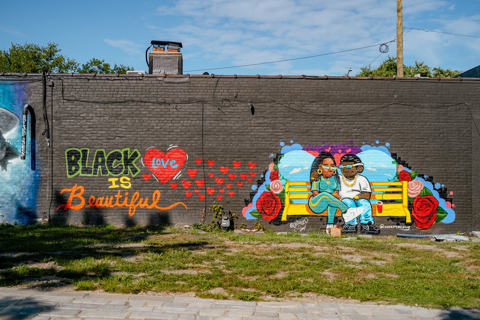 Strip of murals behind KAN Books, Sheefy McFly mural prominently featured on right