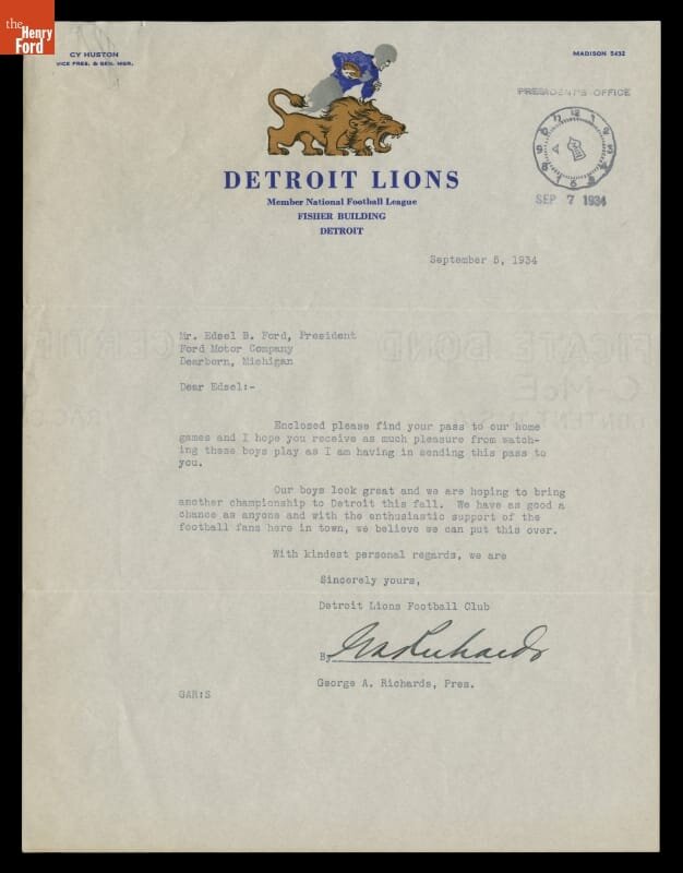 A letter from George A. Richards to Edsel Ford