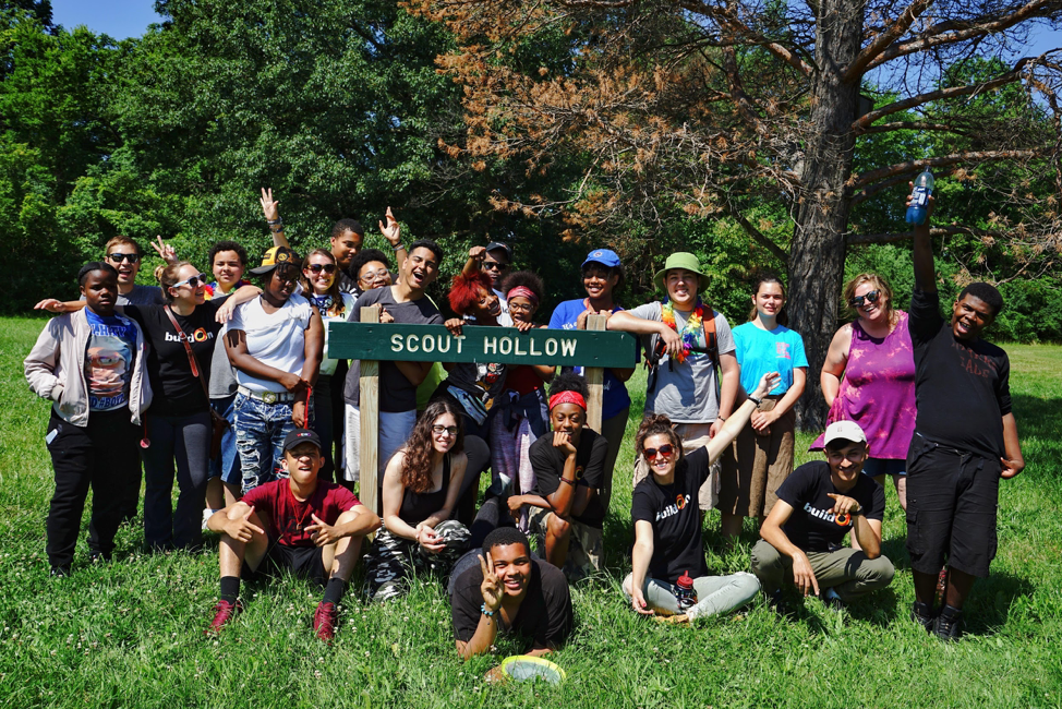 Teens with the BuildOn Program in Detroit pose during their summer campout at Scout Hollow Campground in Rouge Park, coordinated by Detroit Outdoors.