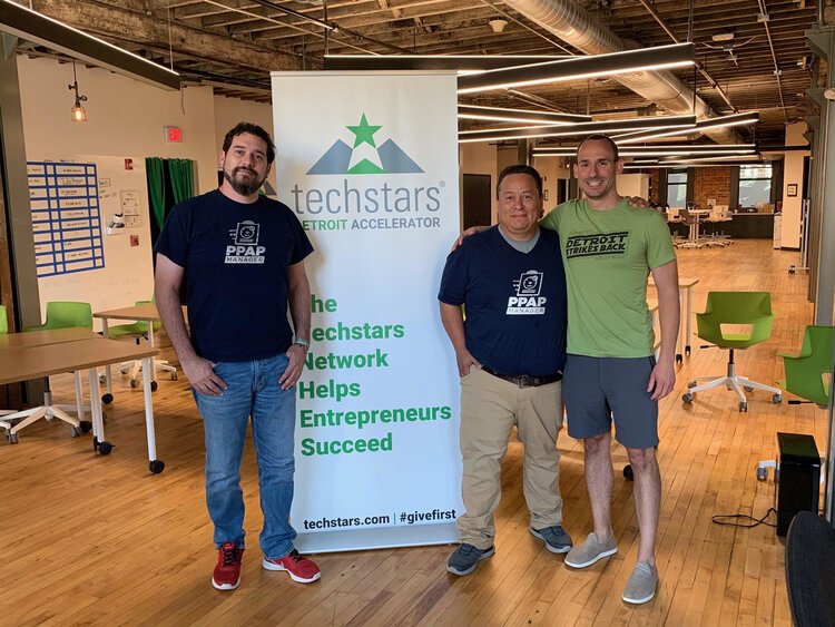 PPAP Manager cofounders Rene Pons and Vinnie Delgado with TechStars Detroit managing director Ted Serbinski.