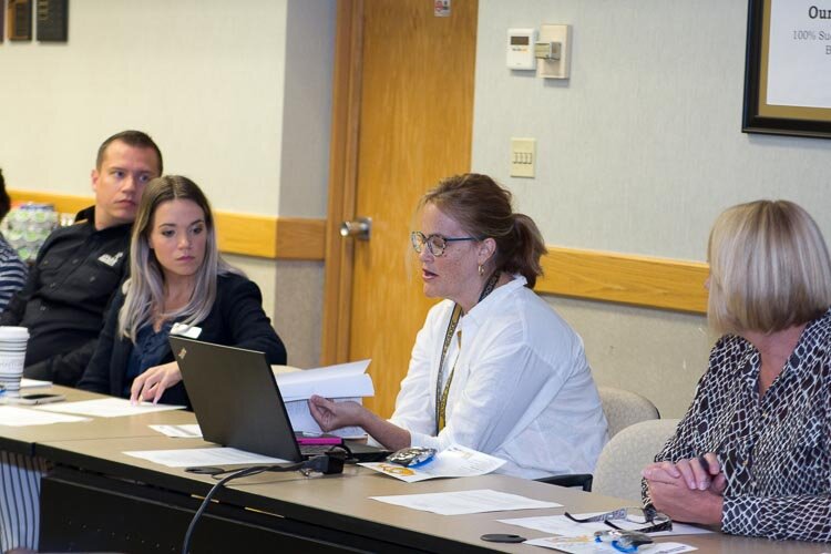 Starr Commonwealth COO Derek Allen; Battle Creek Public Schools resilience coach Erika Giron; Springfield Middle School principal Meri Shabani; and Jill Slaght, Calhoun Intermediate School District pupil accounting auditor, at a Bearcat Meeting.