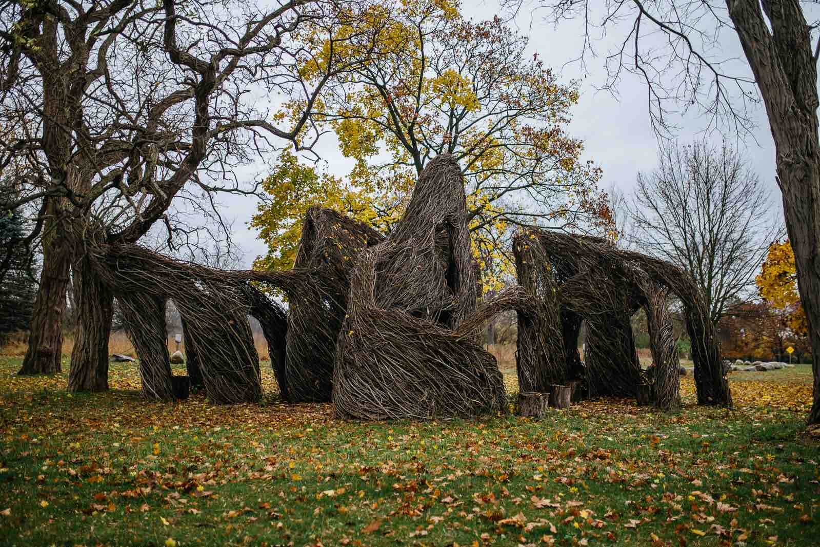 Eliza Howell Park’s stickwork sculpture was co-created with hundreds of Detroiters and eco-artist Patrick Dougherty in 2021